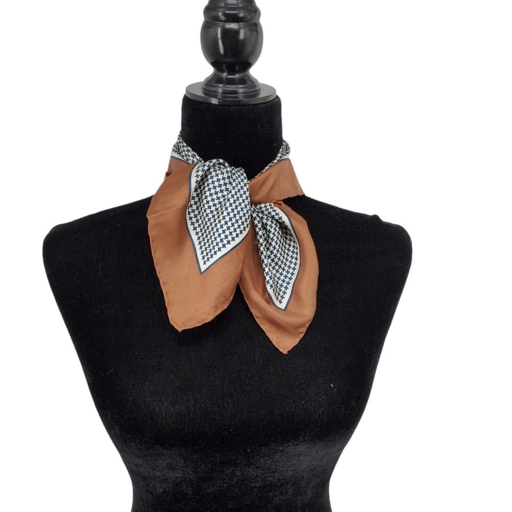 Vintage Silk Scarf Navy Blue Brown Houndstooth Hand Rolled 18" Square